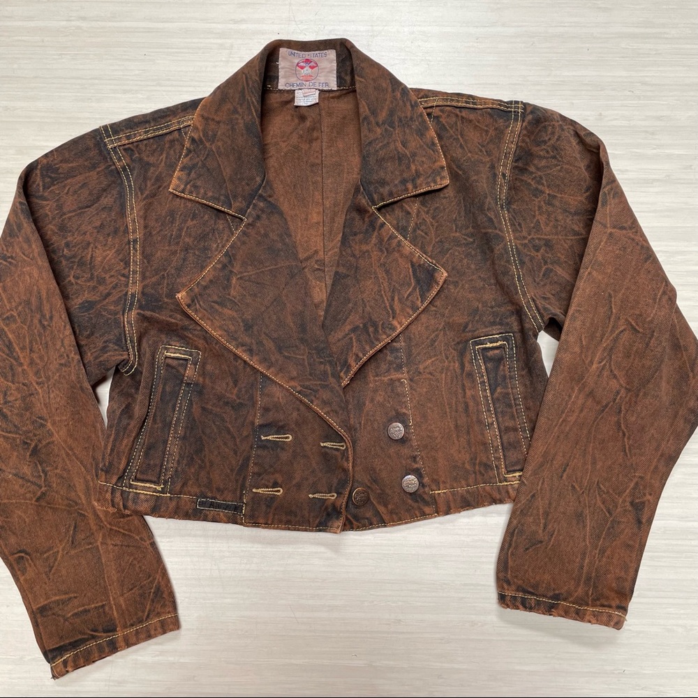 Chemin De Fer Women's Black Brown Acid Washed Denim Crop Jean Jacket Medium